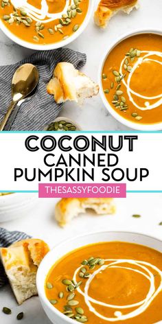 two bowls of coconut pumpkin soup on a white table with spoons and bread in the background