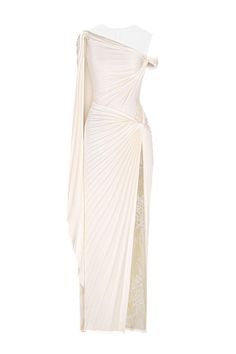 Women's Parahélios Sarong Illusion Neck Polyester Floor Length Dress XS/S/M/L/XL Ivory MEAN BLVD Pre-draped Maxi Dress With Folds, Pre-draped Maxi Cocktail Dress, Elegant Gown With Folds For Gala, Fitted Pre-draped Gown For Dinner, Fitted Pleated Pre-draped Evening Dress, Elegant Formal Gown With Folds, Pre-draped Cocktail Dress With Ruched Bodice, Cream Dresses With Fitted Bodice For Evening, White Asymmetrical Evening Dress For Gala