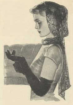 a drawing of a woman wearing a veil and holding a bird in her right hand