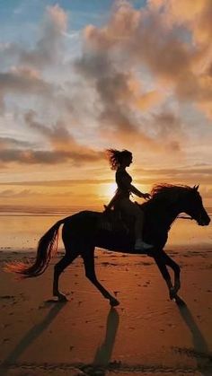 a woman riding on the back of a brown horse across a sandy beach at sunset