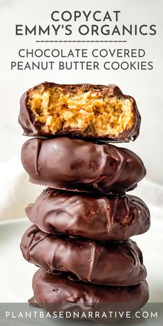 chocolate covered peanut butter cookies stacked on top of each other