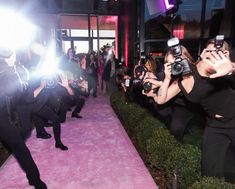 a group of people taking pictures in front of a pink carpeted area with cameras