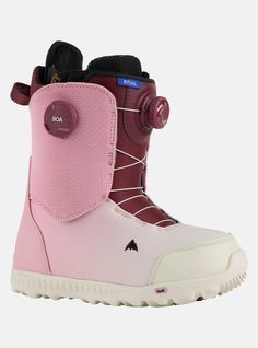 the snowboard boots are pink and white