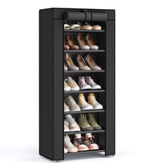 a black shoe rack filled with lots of shoes