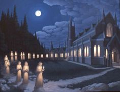 a painting of people standing in front of a church at night