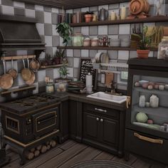 an animated kitchen with pots and pans on the stove top, sink, and oven