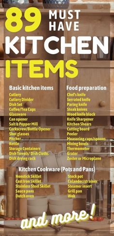 the kitchen items list is shown in yellow and black, as well as an image of pots