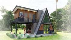 two people are standing on the porch of a small house with a pool in front of it