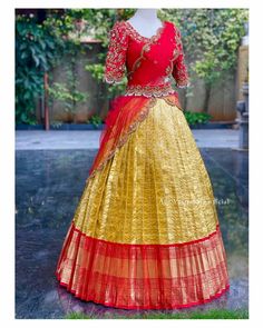 India Costume, Half Sari, Indian Long Dress, Pattu Lehenga, Saree Ceremony, Frock Models, Pattu Langa