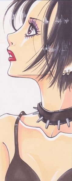 a drawing of a woman with spikes on her neck and bra, looking down at the ground