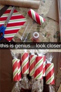 three pictures of candy canes wrapped in cellophane