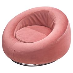 a pink round chair sitting on top of a metal stand