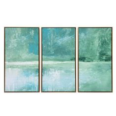 three abstract paintings with blue and green colors