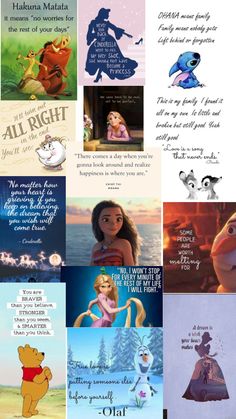 some disney characters are in the same collage with different words and pictures on them