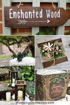 wooden signs with flowers and hearts attached to them