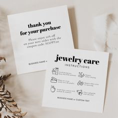 two business cards with the words, thank you for your purchase and jewelry care instructions