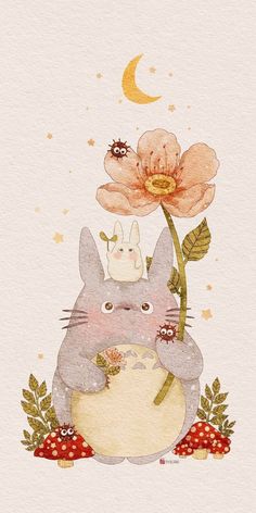 a watercolor painting of a cat holding a flower