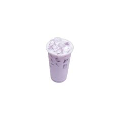 a purple cup filled with ice on top of a white table