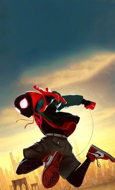 spider - man into the spider - verse movie poster, with an animated character in mid air