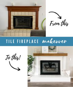 fireplace makeover from tile to mantel over white brick with blue and black lettering