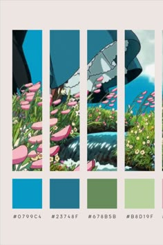 the color scheme for an animated film with flowers and plants in it, including blue, green