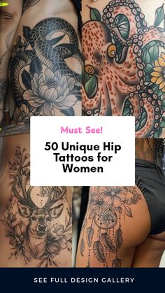 Explore 50 amazing hip tattoos for women in this pin. It showcases four images featuring blackwork, deer, octopus, and dream catcher tattoo designs, perfect for those looking to express their individuality through stunning body art.