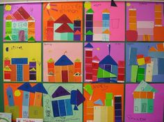 a bulletin board with lots of different colored paper houses