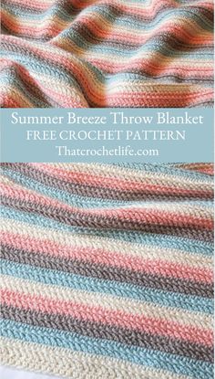 Free and easy crochet blanket pattern, picture shows striped crochet blanket in colors cream, tan, light blue, and peach/pink Lap Blankets, Crocheted Afghans, Blankets Crochet, Crocheted Blankets, Afghans Crochet, Knit Blankets