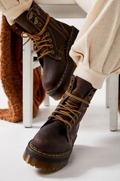 Dr. Martens Jadon Archive Boots Dr Martin Platform Boots, Brown Boots Chunky, Cool Doc Martens, Platform Brown Boots, Boots With Slacks, Brown Dr Martens Outfit, Casual Fall Shoes, Brown Combat Boots Outfit, Brown Docs