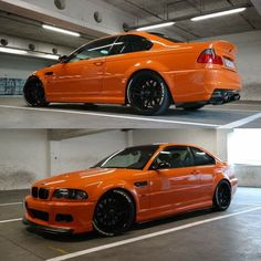 an orange car parked in a parking garage next to another orange car with black rims