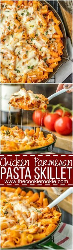 chicken parmesan pasta skillet with tomatoes and cheese