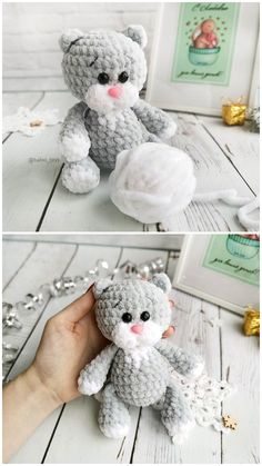 crocheted teddy bear sitting on top of a white table