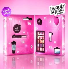 an open pink beauty box with various items in it and the words beauty squad inside