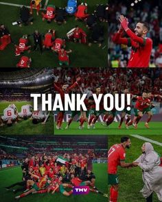 the collage shows many different images of people in red and green uniforms, with words that say thank you