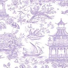 a blue and white wallpaper with various types of birds, flowers, and boats