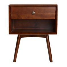 a wooden nightstand with two drawers on one side and an open drawer on the other