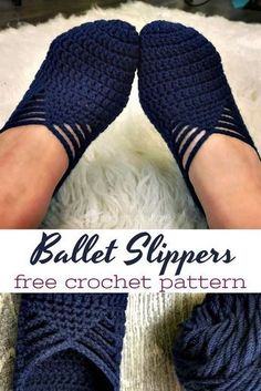 a pair of crocheted slippers with text overlay that reads, ballet slippers free crochet pattern