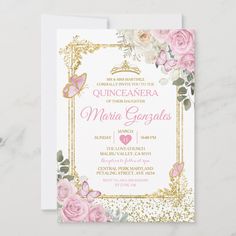 a pink and gold quinceauera wedding card with roses, butterflies and glitter