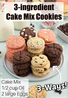 three ingredient cake mix cookies on a white plate with 3 - ways to make them