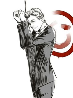 a drawing of a man in a suit and tie holding a cell phone up to his ear