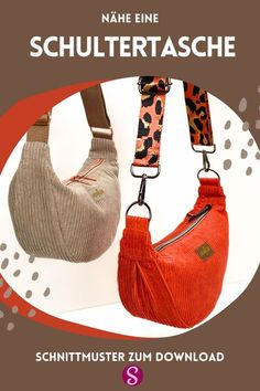 two purses hanging from hooks in front of an orange circle with the words, name and