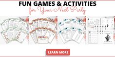 the fun games and activities for your next party are on display in front of a white background