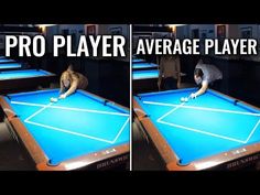 two pictures of a man playing pool on a table with the words pro player average player