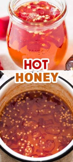 hot honey in a pot with the words hot honey above it and an image of a jar filled with liquid