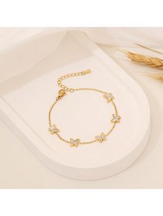 1pc Butterfly Stainless Steel Bracelet Suitable For Women Daily Wear Gold    Stainless Steel     Women Fashion Jewelry, size features are:Bust: ,Length: ,Sleeve Length: Shein Bracelet, Gold Flower Bracelet, Sweet Accessories, Women Chain, Chain Bracelets, Gold Collar, Watches Women Fashion, Butterfly Pendant, Birthday Gifts For Girls