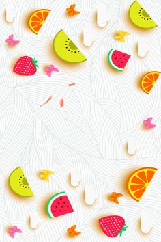 an abstract background with fruit slices and butterflies on white wavy lines, including oranges, watermelon, kiwi