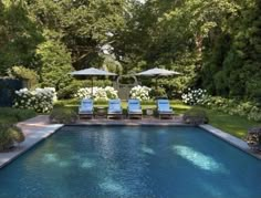 an outdoor pool with lawn chairs and umbrellas next to the swimming pool surrounded by greenery