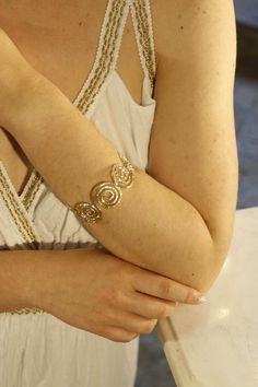 Greek Arm decoration, Goddess Greek Ancient Design. Ideal also for Kid's armband. To view full collection, visit our Instagram page @ancientclothing.plaka.athens. Don't hesitate to contact me if you have any questions. Greek Goddess Accessories Diy, Grecian Accessories, Greek Jewelry Aesthetic, Ancient Greek Jewelry Aesthetic, Gold Spiral Bohemian Bracelets, Bohemian Gold Spiral Bracelets, Greek Mythology Accessories, Bohemian Gold Spiral Bracelet, Greek Goddess Accessories Arm