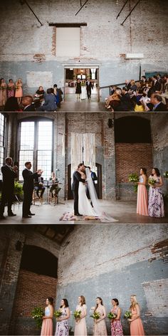 the bride and groom are getting married at their wedding ceremony in an old brick building