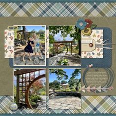 a scrapbook page with pictures of children playing in the park, and an open gate